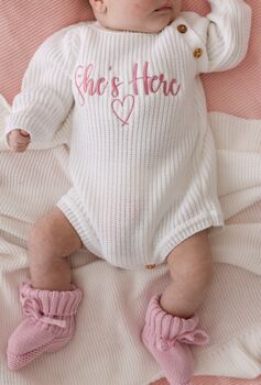 She's Here Embroidered New Baby Long Sleeve Knitted Romper, 2 of 12