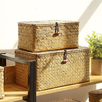 Set Of Three Basket With Lid Seagrass Storage Baskets, 3 of 7