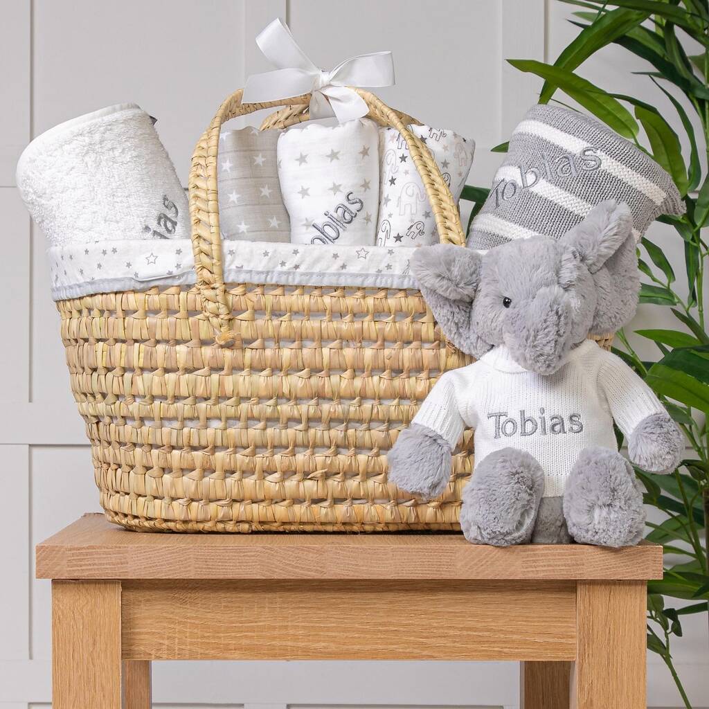 Personalised New Baby Gift Basket With Grey Elephant, 1 of 5