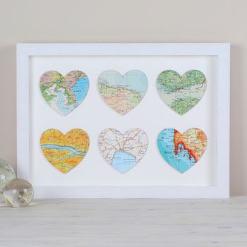 Personalised Six Map Hearts Wedding Anniversary Print, 7 of 9