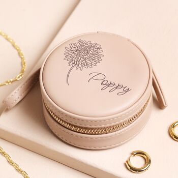 Personalised Mini Round Birth Flower Travel Jewellery Case With Gold Zip, 4 of 4