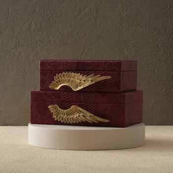 Handmade Burgundy Leather Box Set With Brass Wing Handles, 2 of 6