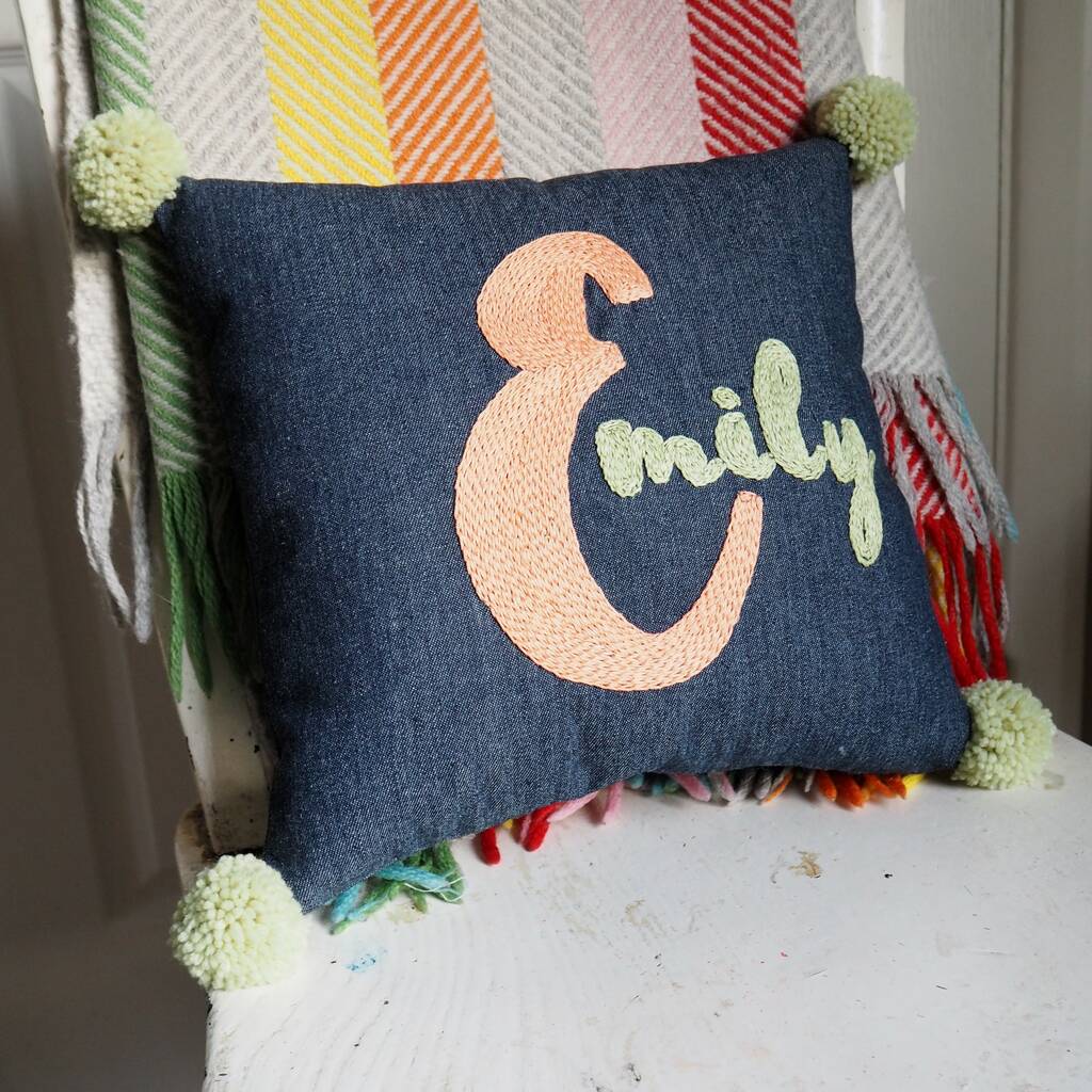 Embroidered Personalised Name Cushion By Brown Betty Blue