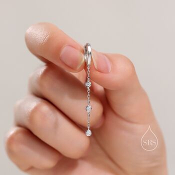 Sterling Silver Tiny Cz Trio Chain Dangle Huggie Hoop, 6 of 10