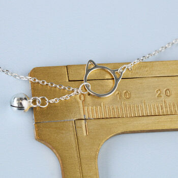Sterling Silver Cat Pendant Necklace With Hanging Bell, 5 of 5