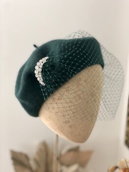 Bottle Green Beret With Optional Veil And Accessories, 2 of 11