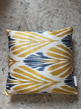 Square Ikat Silk Cushion Yellow And Blue Feather, 6 of 8