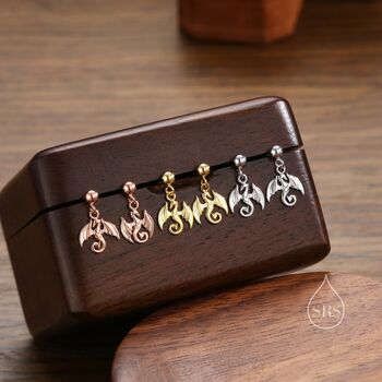 Sterling Silver Tiny Dragon Drop Stud Earrings, 4 of 11