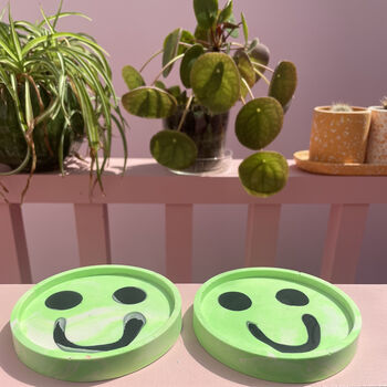 Smiley Face Coasters/ Tray Neon Green Set Of Two, 2 of 8
