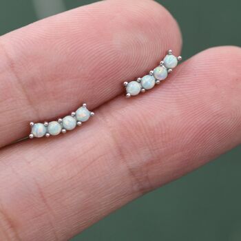 Tiny Green Opal Curved Bar Stud Earrings, 7 of 11