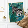 Zebra In The Gold And Green Jungle Leaves Art Print, thumbnail 2 of 4