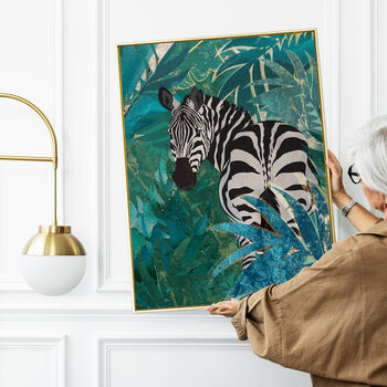 Zebra In The Gold And Green Jungle Leaves Art Print, 2 of 4
