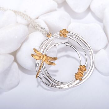 Dragonfly And Flowers Large Sterling Silver Necklace, 3 of 6