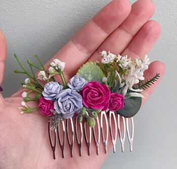 Bright Pink And Dusky Blue Flower Hair Comb, 2 of 6