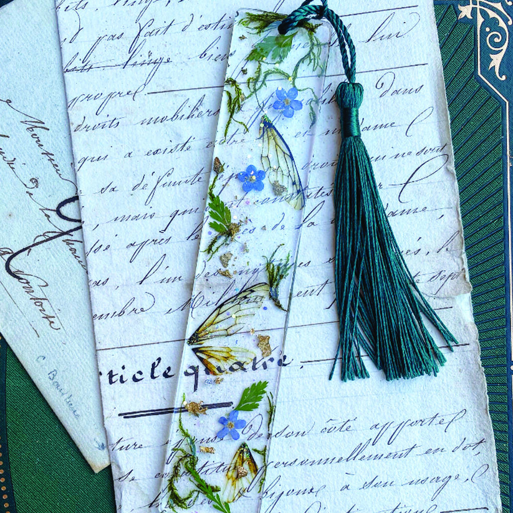 Encapsulated Faerie Wing And Moss Resin Bookmark