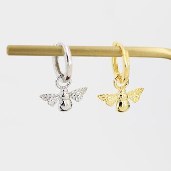 Sterling Silver Dangling Bee Hoop Earrings, 4 of 11