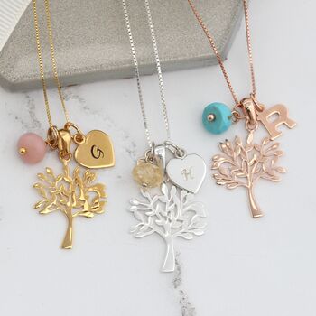 Tree Of Life Necklace Pesonalised With Her Initial And Birthstone Charms, 8 of 11