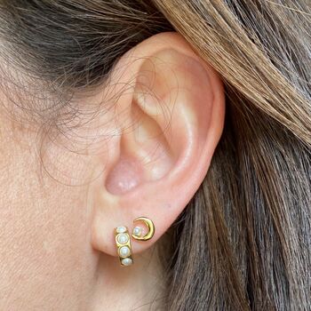 Gold Plated Moon And Pearl Stud Earrings, 2 of 3