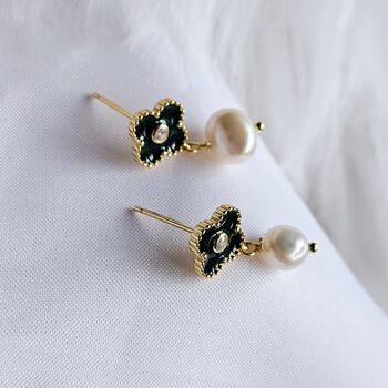 Cz Green Enamel Clover Pearl Drop Earrings, 2 of 8