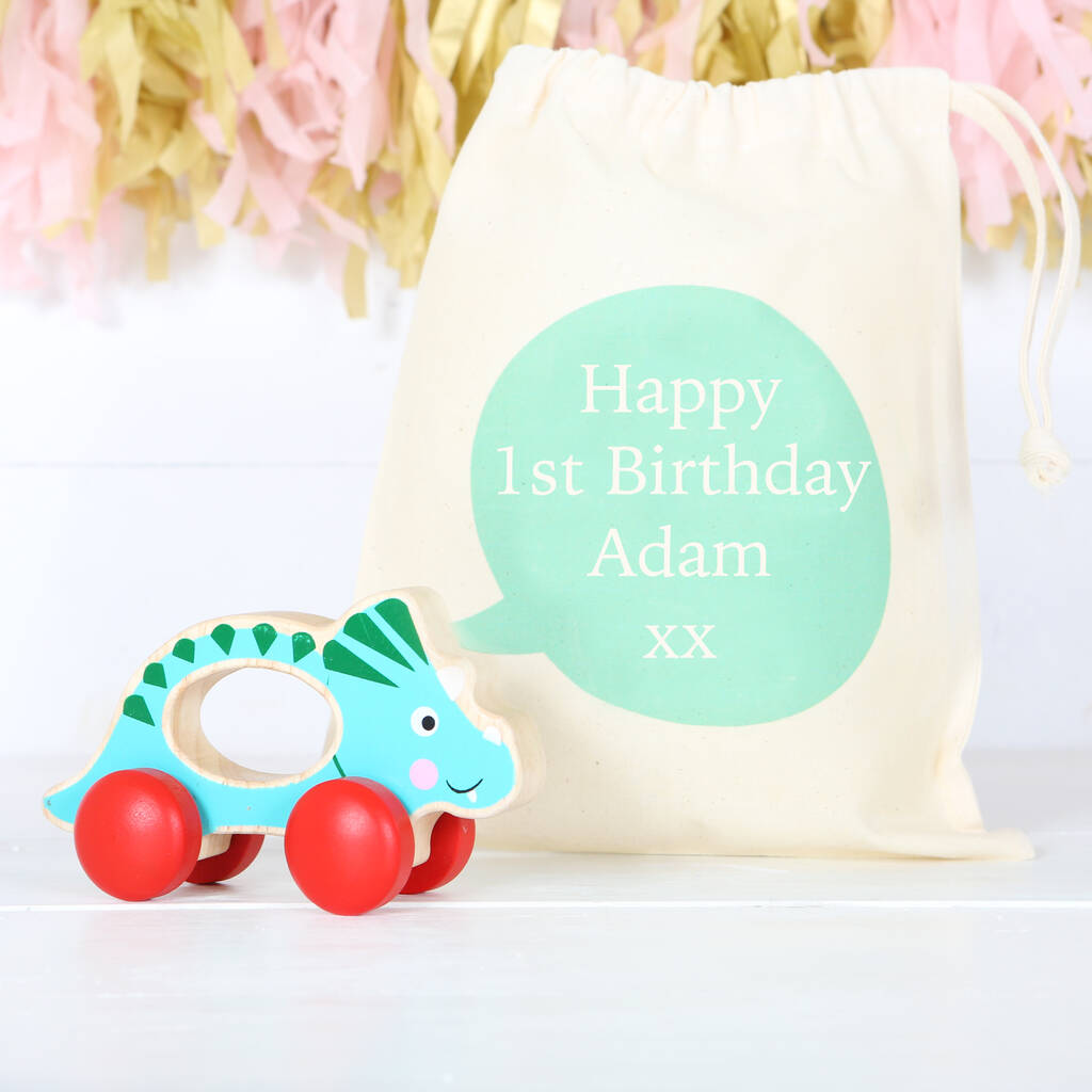 Image of Wooden Dinosaur And Personalised Gift Bag, Six Styles