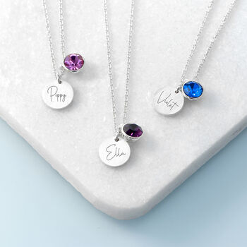 Personalised Silver Birthstone Crystal + Disc Necklace, 3 of 12