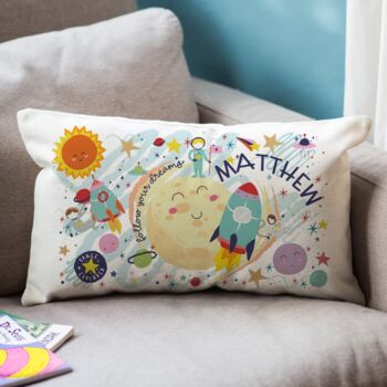 Outer Space Themed Personalised Kids Cushion, 2 of 7