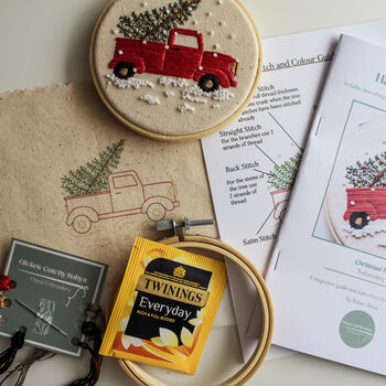 Red Christmas Truck With Tree And Snowy Scene Beginner Embroidery Kit, Hand Embroidery, 6 of 6