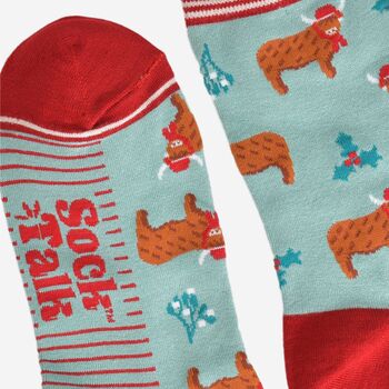 Women's Bamboo Socks Christmas Highland Cow Santa Hats, 4 of 5