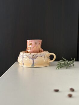 Handmade Porcelain Espresso Cup And Saucer Blush Pink And Cream With Drip Glaze, 3 of 6