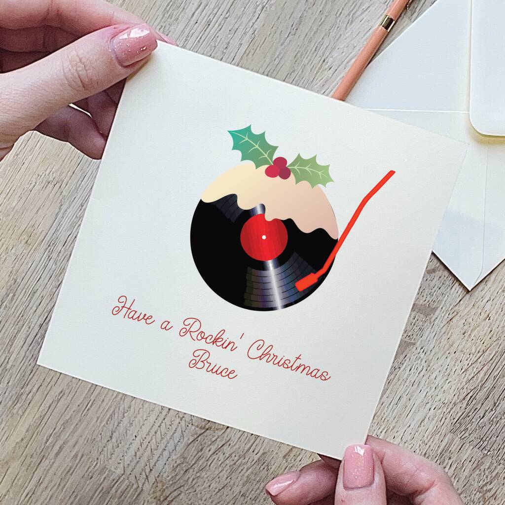 Personalised Christmas Pudding Vinyl Record Christmas Card