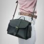 Small Leather Crossbody Satchel Handheld Handbag Khaki Dark Military Green With Side Pockets, thumbnail 2 of 9