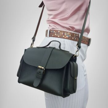 Small Leather Crossbody Satchel Handheld Handbag Khaki Dark Military Green With Side Pockets, 2 of 9