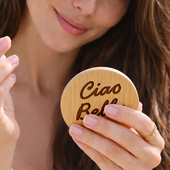 Bon Voyage 'Ciao Bella' Travel Mirror Hairbrush | Gift Bag | Holiday Accessory | Wooden Brush, 2 of 4