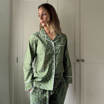 Cotton Pyjamas Green Falling Leaf, 2 of 6