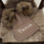 Personalised Camel Brown Double Pom Pom Knitted Hat, thumbnail 1 of 5