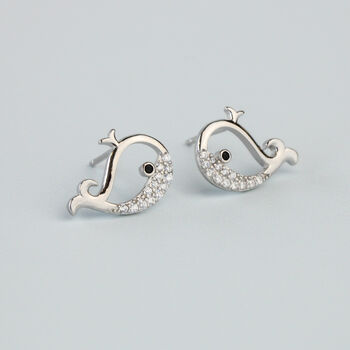 Sterling Silver Crystal Whale Stud Earrings, 2 of 5
