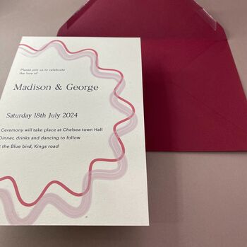 Modern, Wavy Bordered Invitation Suite In Pink And Red, 3 of 8