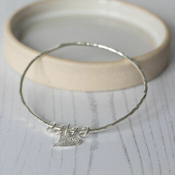 Sterling Silver Textured Tilted Heart Charm Bangle, 3 of 7