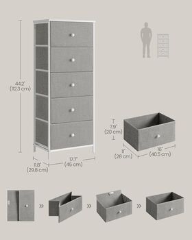 Slim Five Drawer Fabric Dresser For Bedroom Storage, 5 of 6