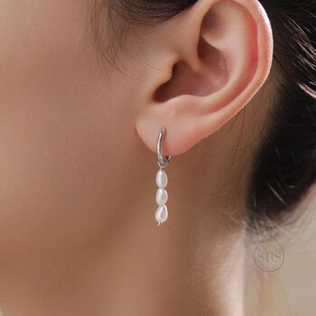 Sterling Silver Natural Oval Pearl Trio Huggie Hoop Earrings, 6 of 11