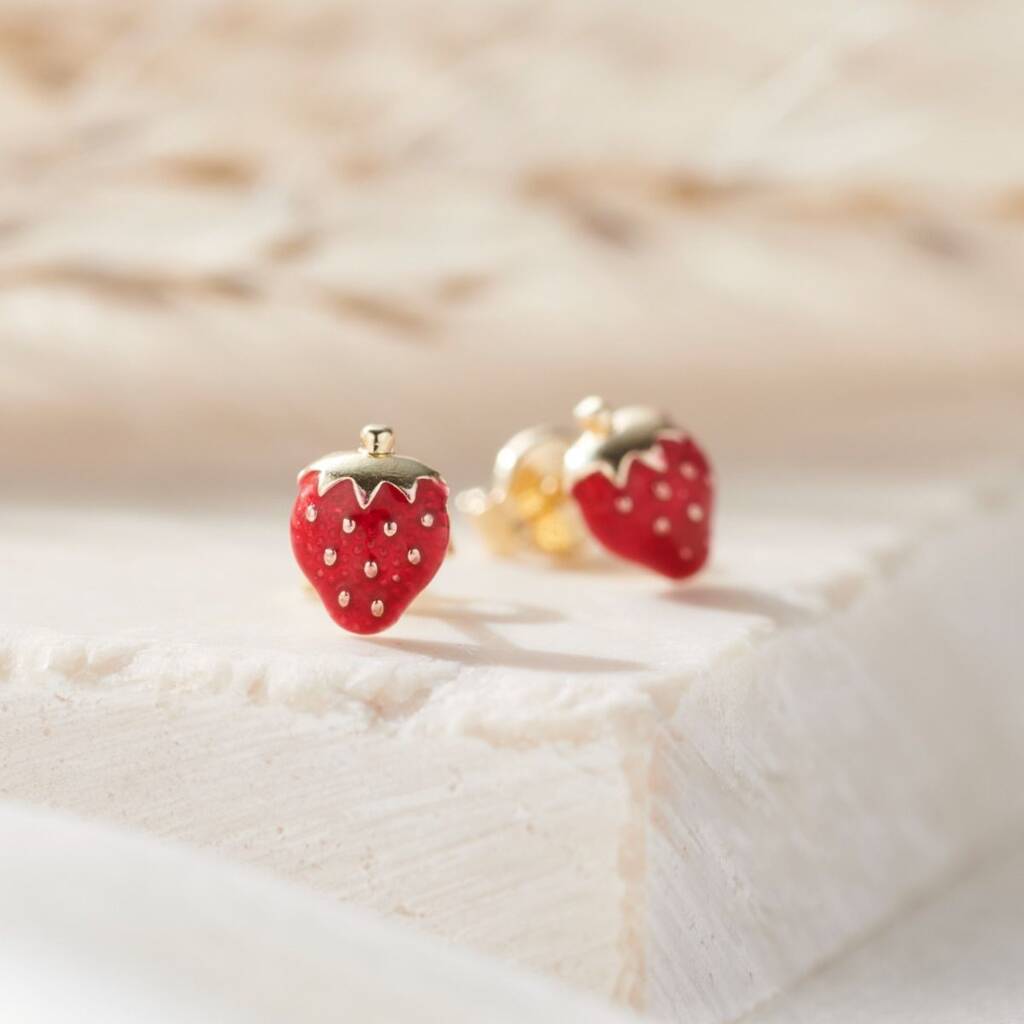 Enamel Strawberry 9ct Gold Stud Earrings, 1 of 5
