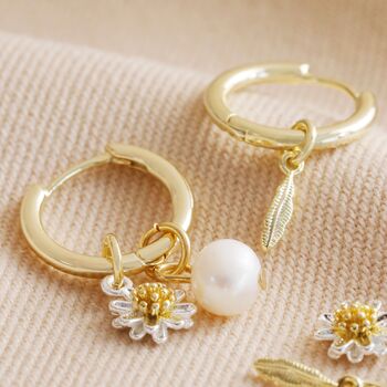 Daisy, Pearl And Feather Hoop Earrings In Gold Plating, 6 of 7