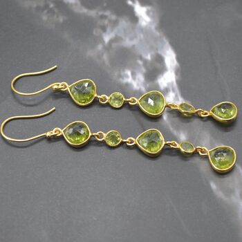 Long Green Peridot Earrings: Gold Plated Silver, 4 of 5