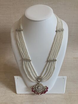 Indian Kundan Silver Maroon Pearl Mala Set, 3 of 9