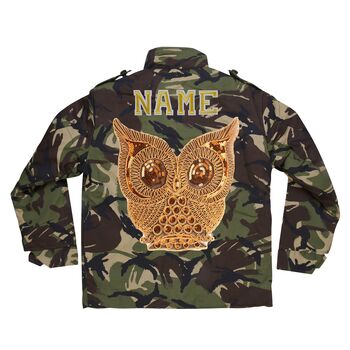 Gold Sparkly Owl Personalised Kids Camo Jacket, 6 of 8