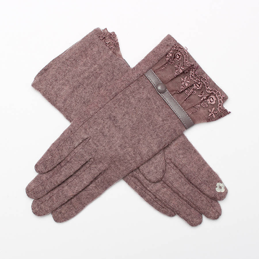 Merino Wool Touch Screen Gloves With Lace Cuff By Studio Hop