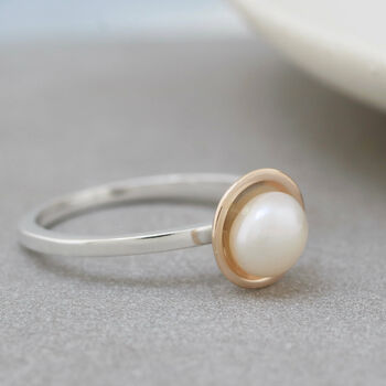 Silver And 9ct Gold Pearl Ring. Dainty Stacking Ring, 5 of 10