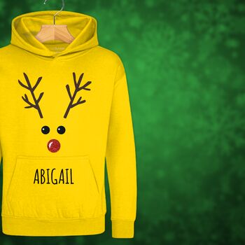 Rudolph The Reindeer Personalised Kids Hoodie Christmas Jumper, 2 of 11