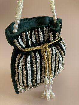 Green Emerald Handcrafted Velvet Potli Bag/Wrist Bag, 6 of 8