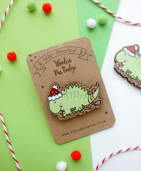 Christmas Dinosaur Cute Kawaii Wooden Pin Badge, 3 of 3